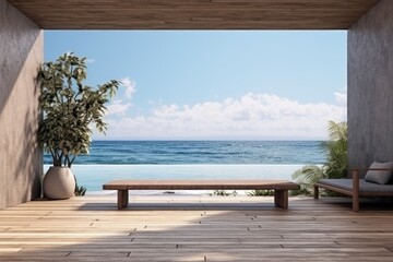 A patio with an ocean view and a plant