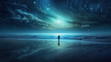 A person standing at the edge of the ocean against night stars