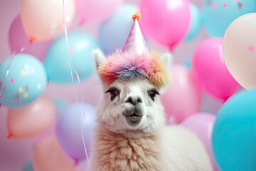 Wall Mural - Cute llama  wearing a party hat, birthday party balloons