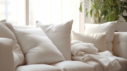 soft cozy beige color pillows on modern sofa with wallpaper wall cover background home design concep