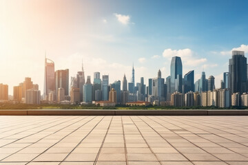 Poster - empty floor with city background.