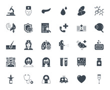 Medical Vector Icons Set. Glyph Icons, Sign And Symbols In Solid Design. Medicine, Health Care And Coronavirus COVID 19 Pandemic. Mobile Concepts And Web Apps. Modern Infographic Logo And Pictogram