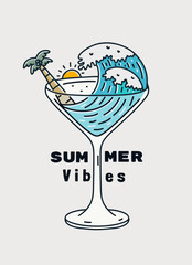 Wall Mural - A Illustration of the wave and coconut tree inside of cocktail high glass. summer time theme vector art. design for t-shirt, badge, and sticker vector illustration