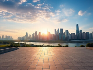 Poster - empty floor with city background.