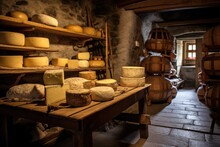 Cheese Aging On Wooden Shelves In A Cellar