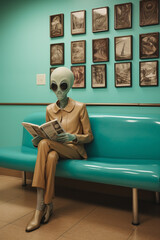 Sticker - Inquisitive alien captivated by human literature in the waiting lounge. Alien in retro style sitting on the sofa reading the newspaper news about UFOs