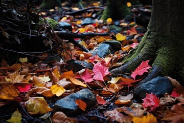 Sticker - forest floor covered in colorful autumn leaves