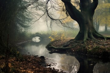 Sticker - misty morning in a serene woodland setting