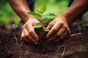 Wall Mural - hands planting a young sapling in rich soil, forest background