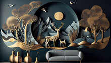 3d Abstraction Modern And Creative Interior Mural Wall Art Wallpaper With Dark Green And Golden Forest Trees, Deer Animal Wildlife With Birds, Golden Moon And Waves Mountains, Ai Generated Image