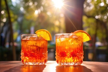 sunlit rum punch glasses with bokeh garden background