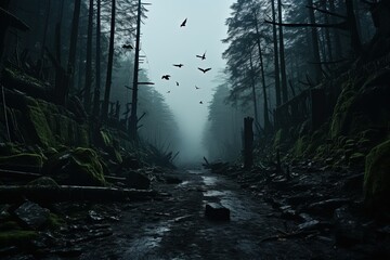 Dead cliff road on the dead mysterious forest with three crows on the night