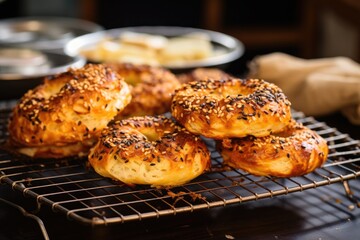 Canvas Print - freshly baked bagels cooling on a wire rack