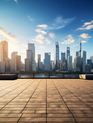 Poster - empty floor with city background.