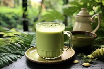 Wall Mural - aesthetic shot of matcha latte with plants in the background