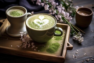 Wall Mural - matcha latte with latte art on wooden surface