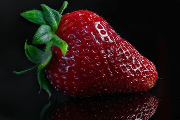 Poster - Single ripe strawberry on a glossy dark background