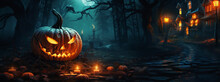 Spooky Halloween Backgound With Jack O' Lantern Pumpkins On The Foggy Night Street Autumn Leaves And Candles