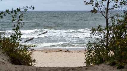 Sticker - Tranquil scene of a deserted beach shore at Kuehlungsborn with white sand, blue sky, and calm waters