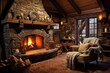 rustic stone fireplace in a cabin setting