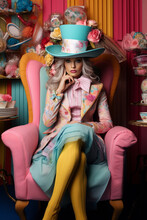 Portrait Of A Young Woman, Sitting In Armchair, In Colorfull Mad Hatter Clothes, Drinkig Her Tea. Fashion, Costume, Party, Cosplay Concept. AI Generative, Illustration.