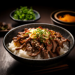 Wall Mural - Gyudon, a Japanese delicacy that delights the senses: thinly sliced beef and onions served over a bed of fluffy rice. 🍚🥩✨