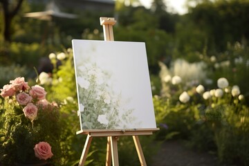 Wall Mural - white blank easel with a garden background for the wedding reception mockup