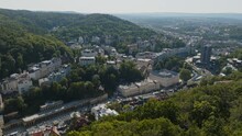 Aerial View Of Karlovy Vary Downtown Along Ohre River, Czech Republic.