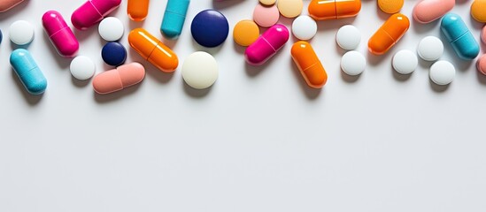 Aufkleber - A variety of colorful pills are arranged in a flat lay composition on a table after being poured out