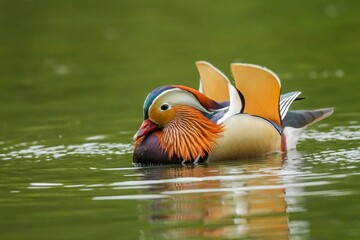 Poster - Brightly colored mandarin duck is perched atop a body of water, its head a vivid orange hue