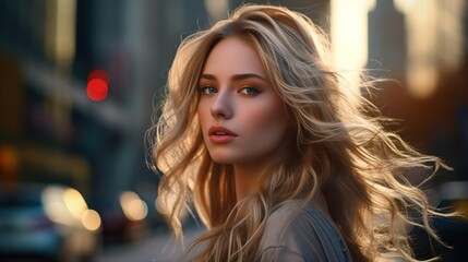 A Portrait of beautiful young woman with dark blonde hair in the city Generative AI