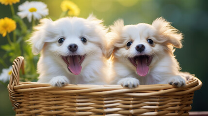 A cute furry two puppy showing a happy smiley expression on the basket