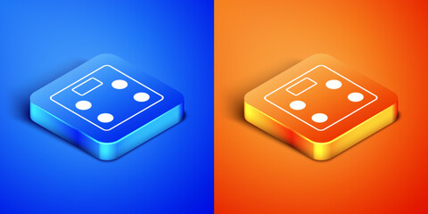 Wall Mural - Isometric Bathroom scales icon isolated on blue and orange background. Weight measure Equipment. Weight Scale fitness sport concept. Square button. Vector