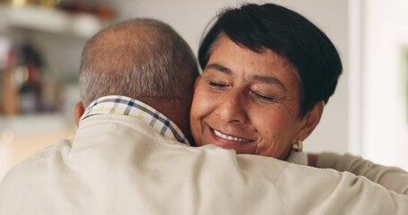 Wall Mural - Senior couple, woman hug and closeup at home with love, marriage and retirement in lounge. Support, happy care and romance with smile and romantic embrace of a elderly man relax together in house