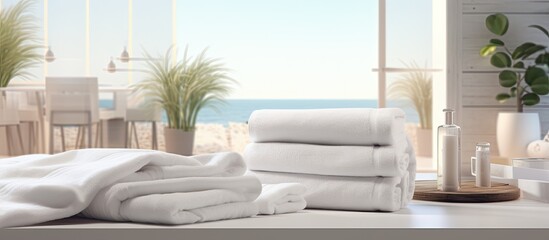 Poster - A montage for product display involving a roll-up of white towels on a white table with a blurred living