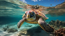 In The Ocean, A Green Sea Turtle Is Swimming.