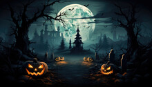 Halloween Scenery With Spooky Pumpkins And Haunted Nightmares. Generative AI Illustrations