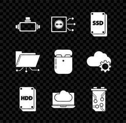 Sticker - Set Virtual reality glasses, Remote control, SSD card, Hard disk drive HDD, Cloud technology data transfer and storage, Video graphic, Folder lock and Air headphones in box icon. Vector