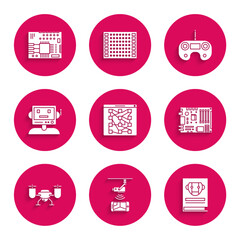 Poster - set global technology or social network, user manual, electronic computer components motherboard dig
