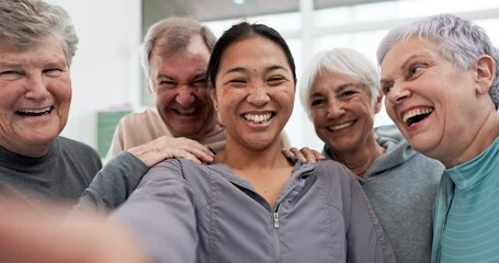 Sticker - Senior friends, selfie and smile in exercise group with Asian personal trainer with laugh, excited face and teamwork. Elderly women, men and memory in gym, fitness and happy for post on social media