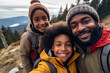 © deagreez - Generative AI picture of amazing young family three members traveling together mom dad son daughter hiking hobby