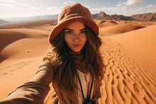 Generative AI Picture Image Of Funny Woman Traveler Blogger Making Selfies Sunny Day Lonely Desert Beautiful Sand View