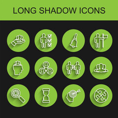 Sticker - Set line Magnifying glass and gear, Old hourglass with flowing sand, Project team base, Head hunting concept, Piece of puzzle, Users group and icon. Vector