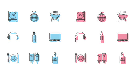 Poster - Set line Plate, fork and knife, Ice cream, Vinyl player with vinyl disk, Whiskey bottle, Bottle of wine, Video game console, Headphones and Disco ball icon. Vector