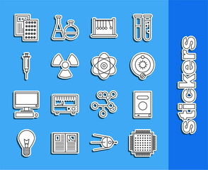 Poster - Set line Processor, Book, Solar system, Pendulum, Radioactive, Syringe, Pills blister pack and Atom icon. Vector