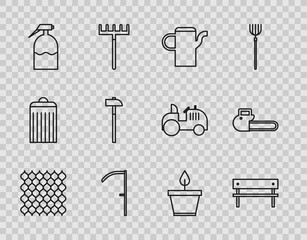 Sticker - Set line Garden fence wooden, Bench, Watering can, Scythe, sprayer, Hammer, Plant pot and Chainsaw icon. Vector