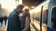 © mimadeo - man and woman couple kissing with love in train station. romantic scene