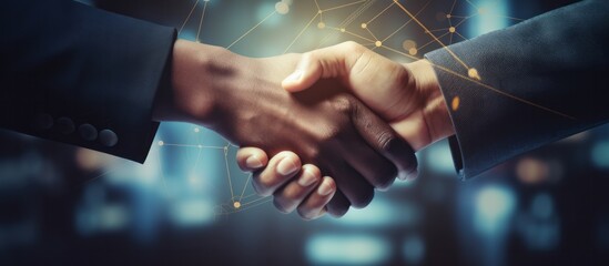 Wall Mural - successful business agreement contract dealing businessman handshake close up hand palm with blur city building and office working space background,ai generate