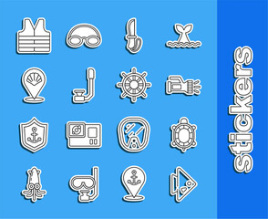 Sticker - Set line Fish, Turtle, Flashlight, Knife, Snorkel, Scallop sea shell, Life jacket and Ship steering wheel icon. Vector