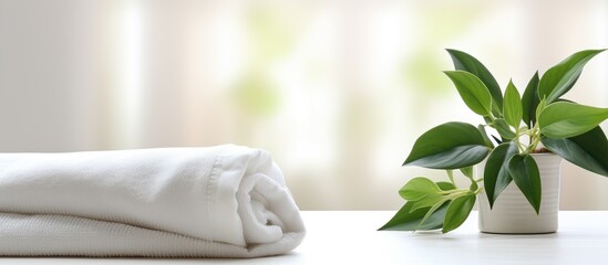 Poster - The white towel and houseplant are on a white table, with available space for copying
